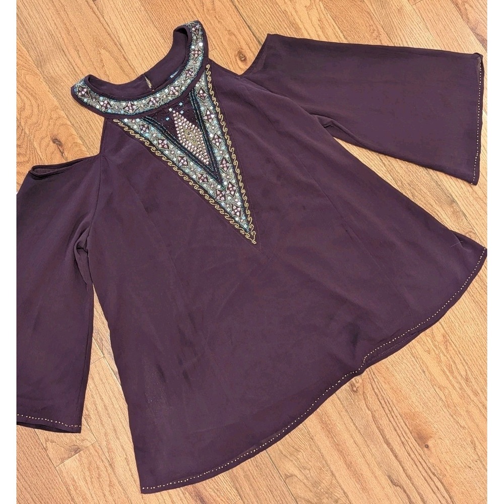 Boho‎ Embellished Cold Shoulder Tunic Roman's Plum Beaded Plus Size 18W Top